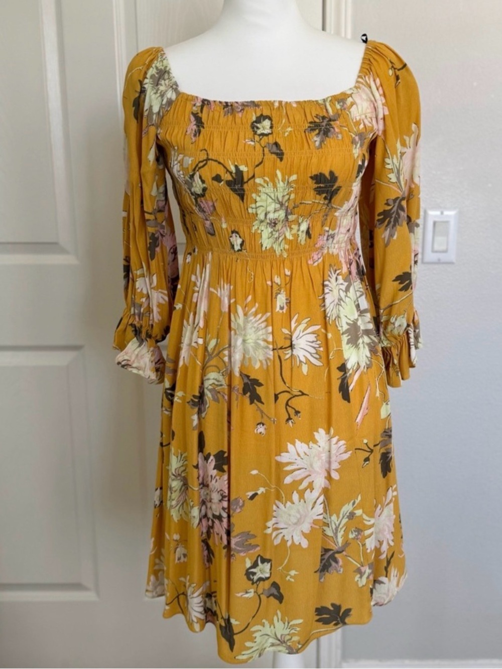 H&M Mustard Floral Square-Neck Midi Dress - Picture 7 of 7